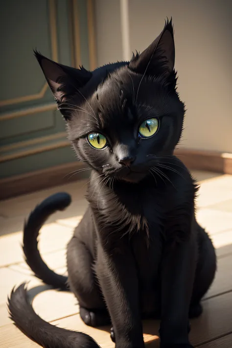 A black cat with green eyes is a creature of simple yet striking elegance. Son pelage dun noir profond contraste magnifiquement avec ses yeux verts, creating a mysterious and mesmerizing charm.