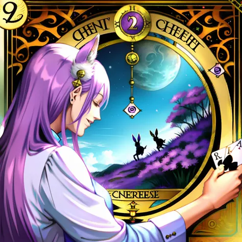 The Cheshire Cat chasing the white rabbit through tarot cards.