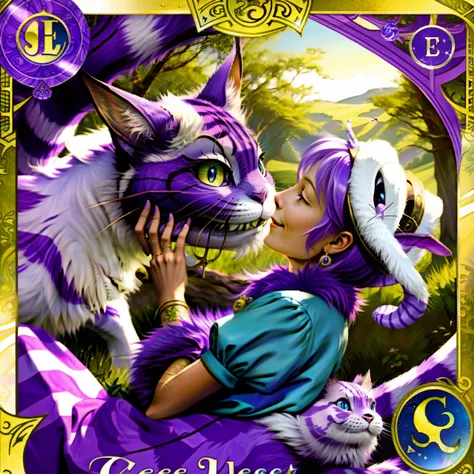 The (Cheshire Cat) chasing the (white rabbit) through a (tarot card).