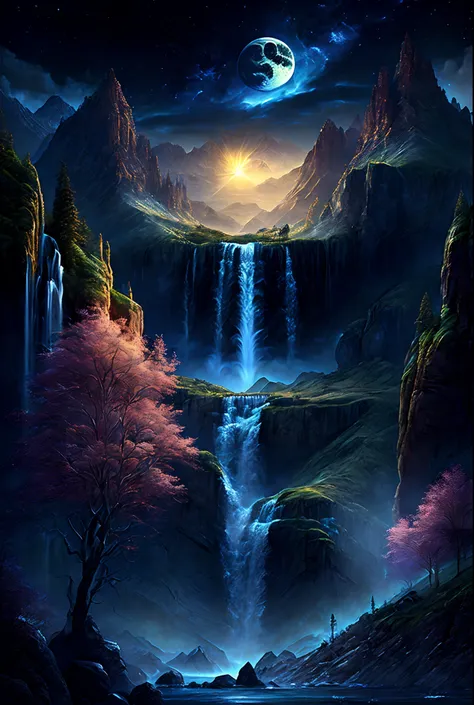 masterpiece, best quality, highest detail, a stunning gothic fantasy landscape at night, mystic waterfalls, bewitching dark mountains, harvest gothic moon, epic artwork, 32k resolution