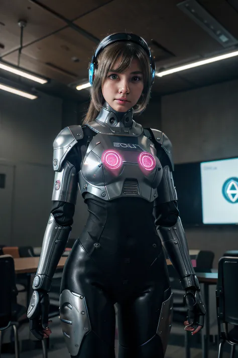 Robot femenino en un aula con estudiantes, cyber school girl, Girl in robotic suit, fully robotic!! girlish, integrated synthetic android, Cyborgs trabajando, The most advanced humanoid robot, movie still of a cool cyborg, Cyborg - Chica, Chica cyborg, Jov...