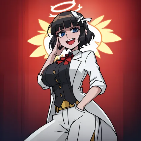 2d, masterpiece, best quality, highly detailed eyes, highly detailed face, cowboy shot, feet out of frame, 1girl, solo, standing, black background, red background, helltaker, azazel (helltaker), white shirt, white pants, gold trim, halo, angel, black hair,...