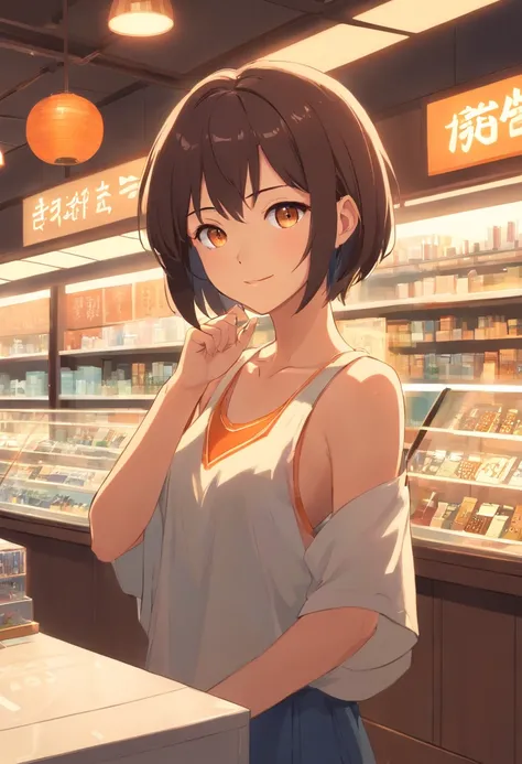 "Young woman with short orange and black hair at the nape of her neck, dark brown eyes, and tan skin. She works in a jewelry store, so dress her accordingly for this profession. She is working behind the jewelry counter while assisting a couple who want to...