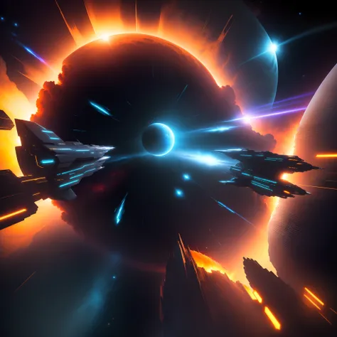 Realist, ultra hd, ultra detailed, Space combat, dying sun, Neon Lights, spaceships fighting