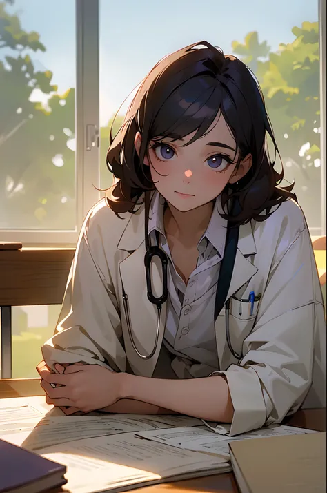 "A close-up portrait of a young person wearing a white lab coat and stethoscope around their neck. They have dark circles under their eyes and their head is resting in one hand, elbow propped up on a desk covered with open textbooks and notes. The setting ...