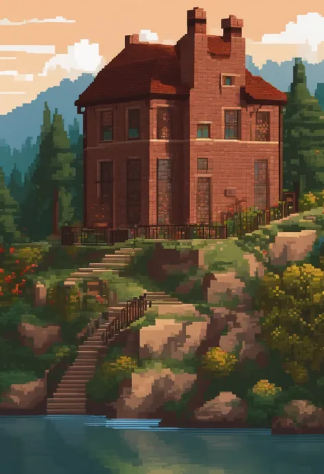 a brick house on a mountain above a lake, river and near waterfalls in pixel art style with a limited colorpalette