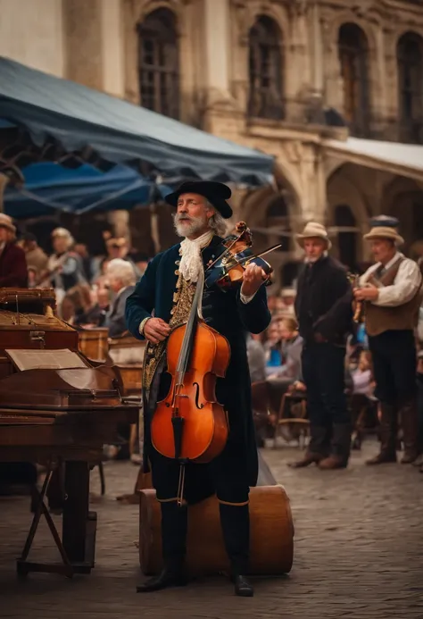 Brightly dressed street musician, city square, crowd, Background of the Town Hall, 17th century