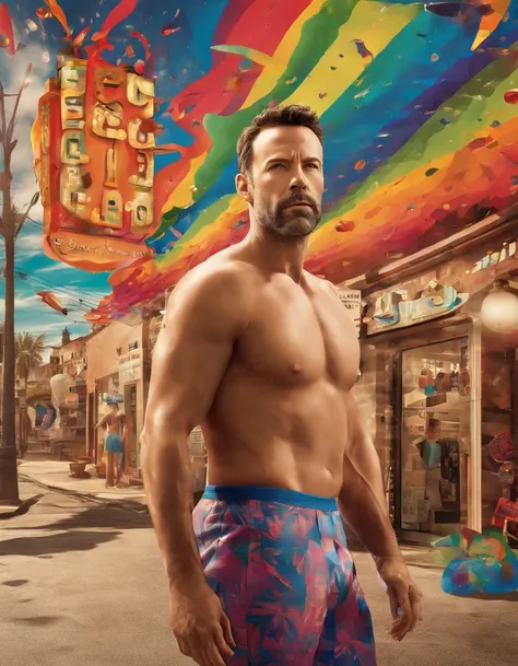 A Photograph capturing a surrealist vision: ben affleck in wet speedo, amidst a swirling color palette, poses outside a tailor shop, posing with the dreamlike surroundings. --ar 16:9