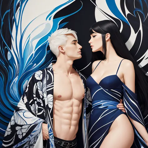 A snowy, whimsical fantasy scene with an super model in sexy pattern kimono. The image is primarily composed of white, black, and royal blue colors. The artwork is created with abstract shapes and lines, resembling brush strokes. It has a poster art feel t...