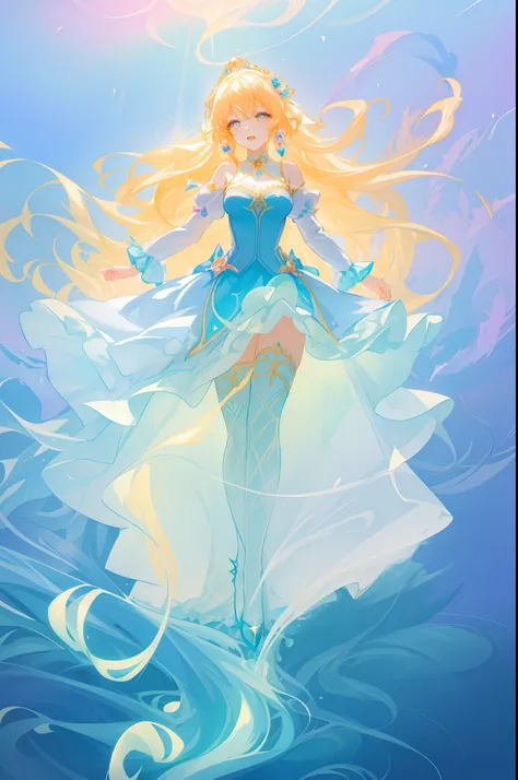 beautiful girl, puffy tiered princess ballgown with puffy long sleeves, vibrant pastel colors, (colorful), glowing golden long hair, magical lights, sparkling magical liquid, inspired by Glen Keane, inspired by Lois van Baarle, disney art style, by Lois va...