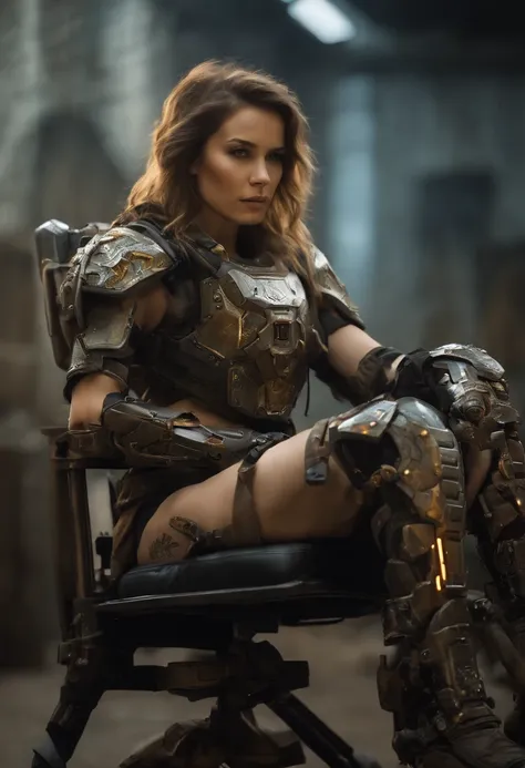 Beautiful hyperrealistic photograph of cute American woman with Runic tattoos, (((wearing full heavy mecha armor, combat harness, Neon highlights))), (((sitting in chair pose))), interior of Military Facility background, Camo netting, Ammo Boxes abstract b...