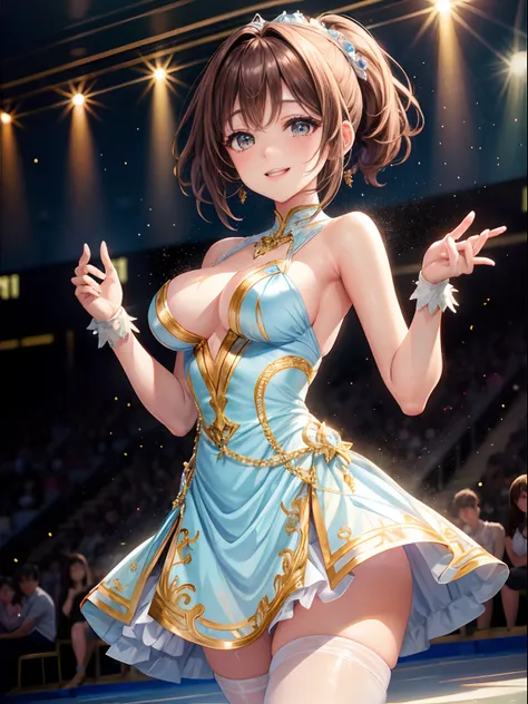 top-quality、Full limbs、complete fingers、One beautiful woman、Beautiful Large Breasts、poneyTail、Medium hair、Brown hair、Woman in light blue and white pattern figure skating dress、Flesh-colored pantyhose、A smile、Ice rink、Figure skating arena