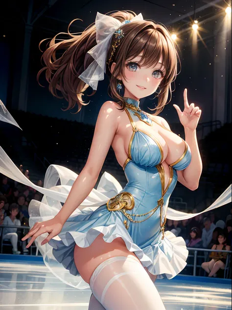 top-quality、Full limbs、complete fingers、One beautiful woman、Beautiful Large Breasts、poneyTail、Medium hair、Brown hair、Woman in light blue and white pattern figure skating dress、Flesh-colored pantyhose、A smile、Ice rink、Figure skating arena