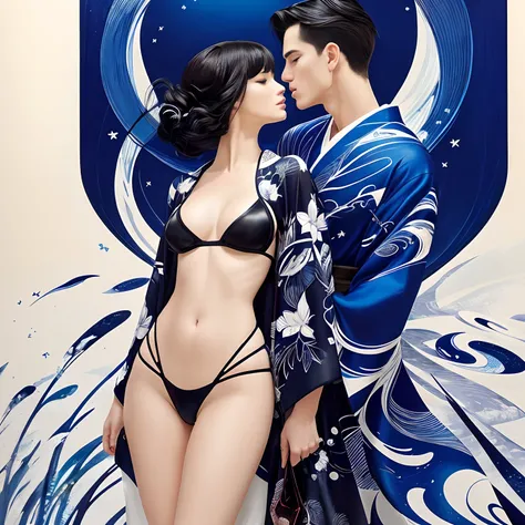 A snowy, whimsical fantasy scene with an super model in sexy pattern kimono. The image is primarily composed of white, black, and royal blue colors. The artwork is created with abstract shapes and lines, resembling brush strokes. It has a poster art feel t...