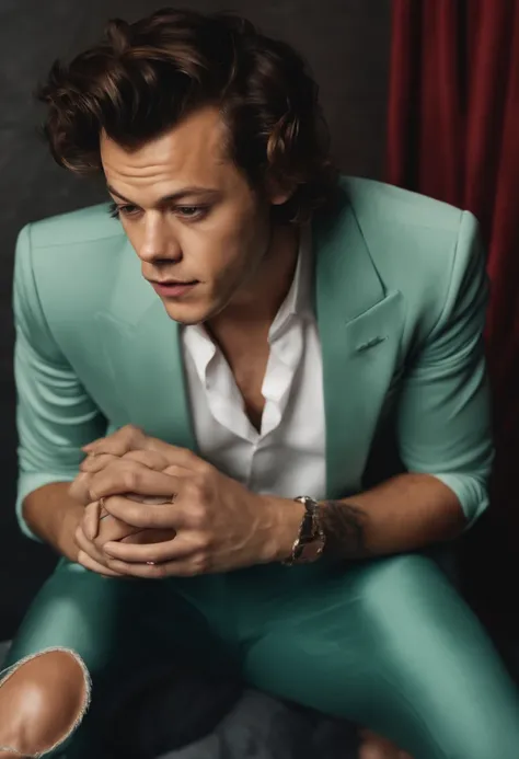 Harry Styles kneeling with his hand between his legs holding his large male genitalia in his hand, a look of pleasure on his face. His genitalia is a male body part between his legs, his genitalia is long, thick and looks realistic.