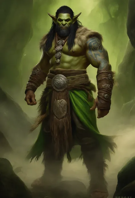 orc, homem, orc homem, Shaman, druida, pele verde, esguio, rpg, olhos com raios saindo, Thunder Mage, tribal, tatuagens azuis.