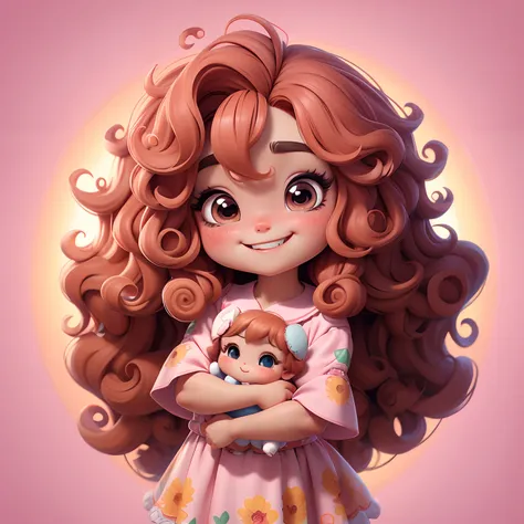 Adorable chibi baby girl with a radiant smile on her face, vestida com  roupa de raposa colorida, Hair is full of curls, bem gordinha com os olhos grandes e azuis