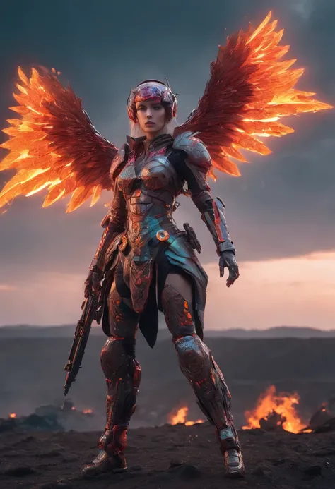 Cosmic cyberpunk Fallen Angel wearing Neon Mecha Armour, Flaming Sword glowing light eyes, Biomechanical, eerie, Creepy, nightmarish, Very bright neon colours, Light particles, with light glowing, , Mushroom Cloud, winner of the years best photo, the world...