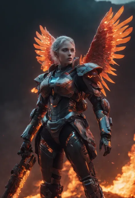 Cosmic cyberpunk Fallen Angel wearing Neon Mecha Armour, Flaming Sword glowing light eyes, Biomechanical, eerie, Creepy, nightmarish, Very bright neon colours, Light particles, with light glowing, , Mushroom Cloud, winner of the years best photo, the world...