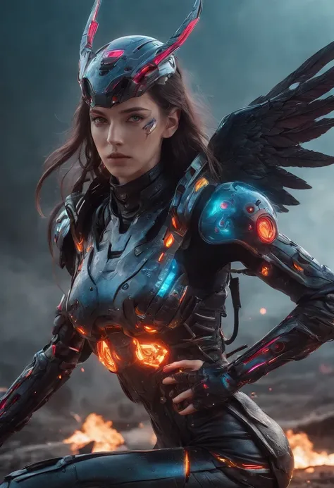 Cosmic cyberpunk Fallen Angel wearing Neon Mecha Armour, Flaming Sword glowing light eyes, Biomechanical, eerie, Creepy, nightmarish, Very bright neon colours, Light particles, with light glowing, , Mushroom Cloud, winner of the years best photo, the world...