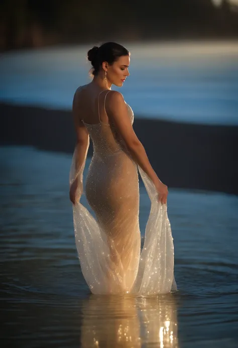 A long, translucent, Delicate and delicate fluorescent sparkling see through, transparent pearl dress, shining. Woman’s naked body can be seen through the sheer, translucent gown. Dress looks wet and is see through. Beautiful brunette woman walking out of ...