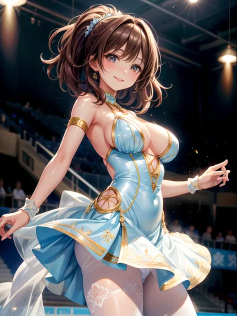 top-quality、Full limbs、complete fingers、One beautiful woman、Beautiful Large Breasts、poneyTail、Medium hair、Brown hair、Woman in light blue and white pattern figure skating dress、Flesh-colored pantyhose、A smile、Ice rink、Figure skating arena、Decided Pose