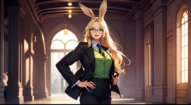 pretty girl, bunny ears, viera, long blonde hair, smiling face, light freckles, tall, green eyes, perfect eyes, shirt and jacket and tie, black pants, eyeglasses, black eyeliner, upwards rabbit nose, hands behind back, red lipstick