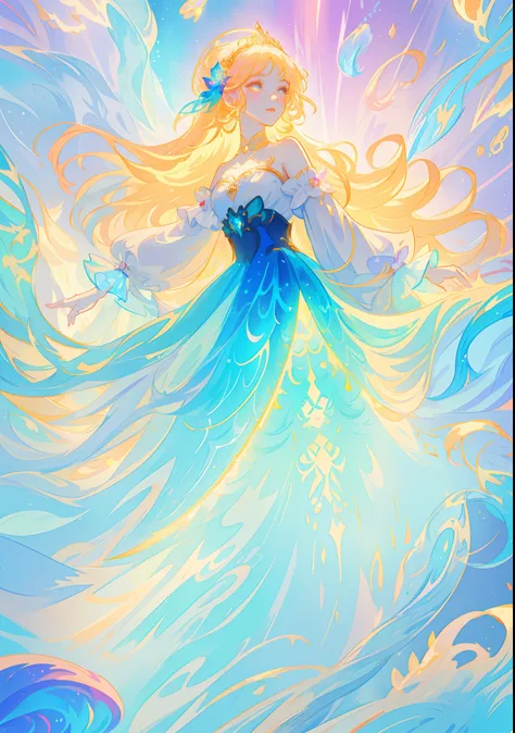 beautiful girl, puffy tiered ballgown with puffy long sleeves, vibrant pastel colors, (colorful), glowing golden long hair, magical lights, sparkling magical liquid, inspired by Glen Keane, inspired by Lois van Baarle, disney art style, by Lois van Baarle,...