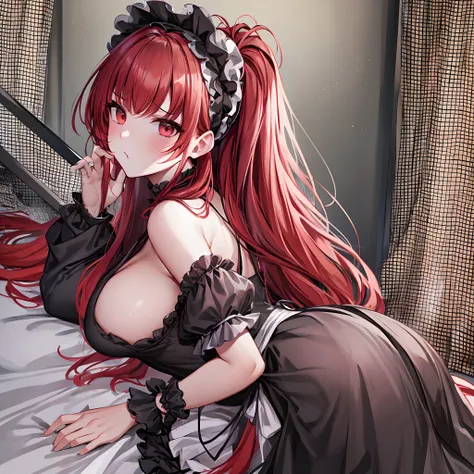 Maid clothes (long skirt (black) ruffles) Long hair (headband, red hair) Big breasts Big ass Angry face Clean face Clean skin Lying on the bed