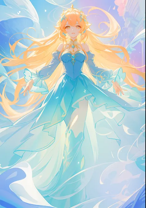 beautiful girl, puffy tiered ballgown with puffy long sleeves, vibrant pastel colors, (colorful), glowing golden long hair, magical lights, sparkling magical liquid, inspired by Glen Keane, inspired by Lois van Baarle, disney art style, by Lois van Baarle,...