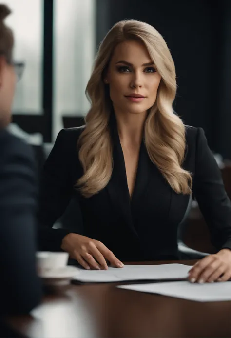 Professional, (Photo 4K:1.1), high detail, in a black business dress, Beautiful Detail Face, brown eye, Not too long blonde hair, Body shape, Boardroom with desk