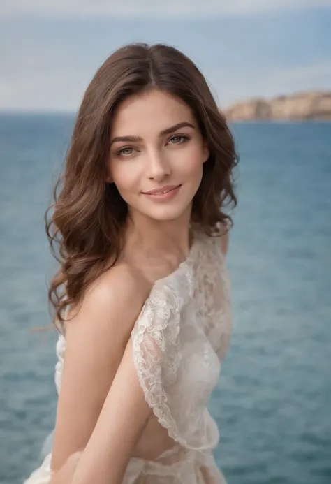 european italian sexy 25 years woman, brunette long hair, brown eyes, smiling to camera, beautiful smile, sea on background with palmer, ultra realistic, beautiful eyes, full body picture, medium breast 1.2, detailed face, perfect skin, looking sexy at cam...