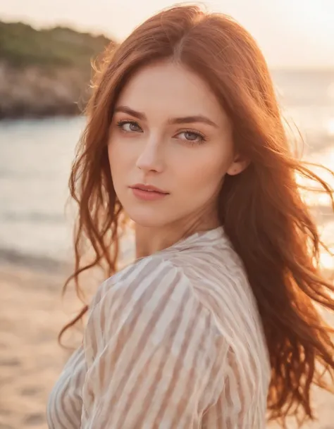 Coastal beauty, 1 Girl in attractive nautical clothes, (long auburn hair), striped shirt, soft medium breasts (Bright eyes, sun-kissed skin, carefree expression), Sandy beach background, lighthouse, gentle sea breeze, playful pose, dynamic compositions, Go...