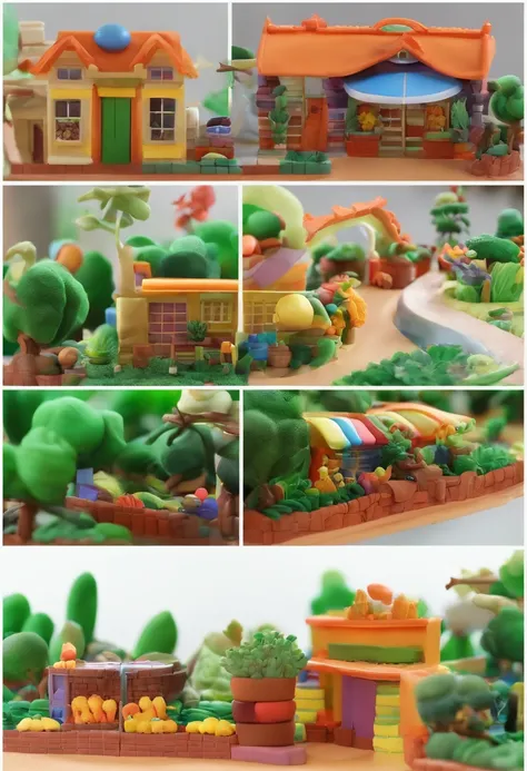 a brickhouse studio, the garden is full of vegetables/fruits, clay material, cartoonish design style, soft lighting, smooth lines, tilt-shift lenses, detailed science fiction illustrations, hyper-realistic details, warm color