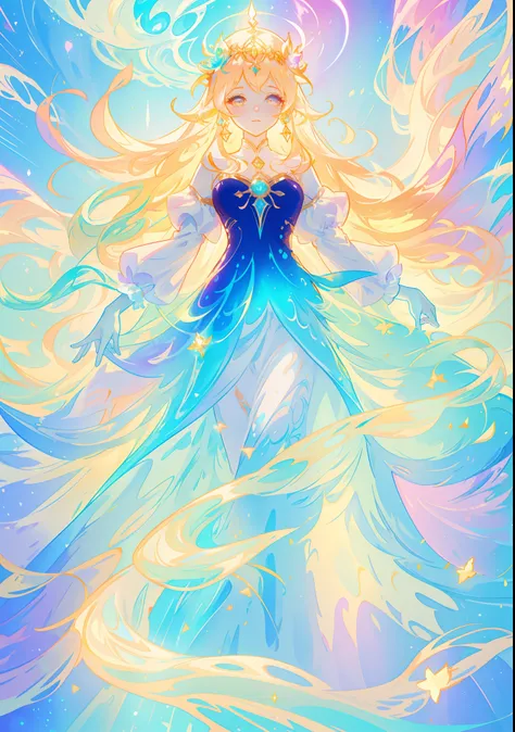 beautiful girl, puffy tiered ballgown with puffy long sleeves, vibrant pastel colors, (colorful), glowing golden long hair, magical lights, sparkling magical liquid, inspired by Glen Keane, inspired by Lois van Baarle, disney art style, by Lois van Baarle,...