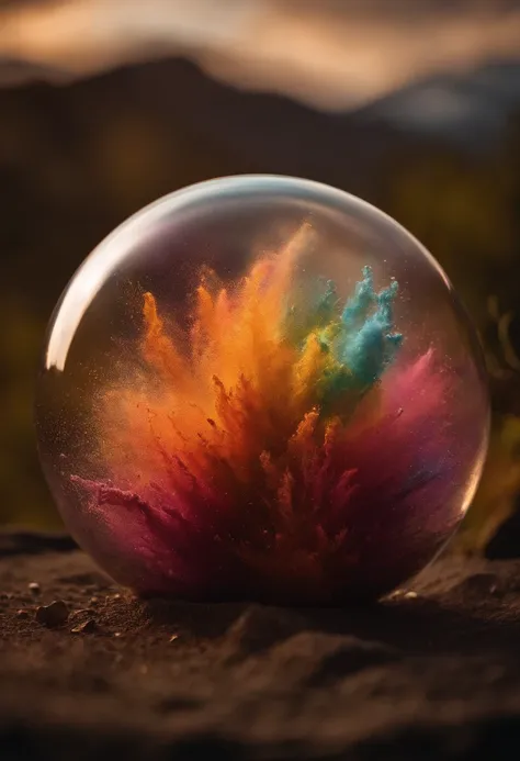 An explosion of a glass sphere with multicolored dust pigments flying away in all directions