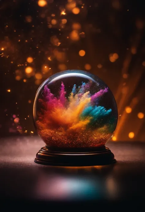 An explosion of a glass sphere with multicolored dust pigments flying away in all directions