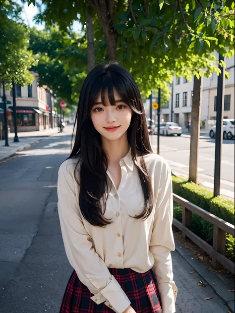 top-quality、girl with１a person、１4-year-old girl、cute  face、Childish face、Feminine atmosphere、Coquettish smile、Soft lips、tthin eyebrows、eyes are large、cute eye、Very long black hair、Silky long straight hair、Beautiful bangs、Long bangs、Delicate figure、Medium c...