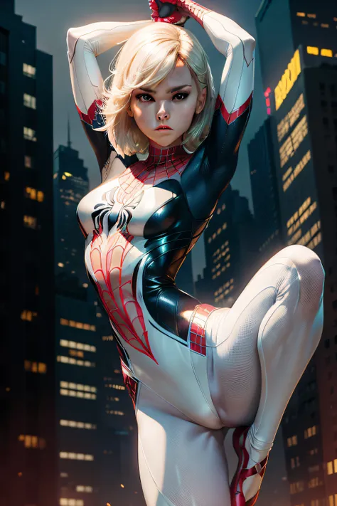 Female Spider-Man Gwen，White suit，Black spider symbol，Ballet shoes，Golden ratio body, flexible body，Calm expression，New York city at night，Handsome gesture，Heroism，majestic-looking。