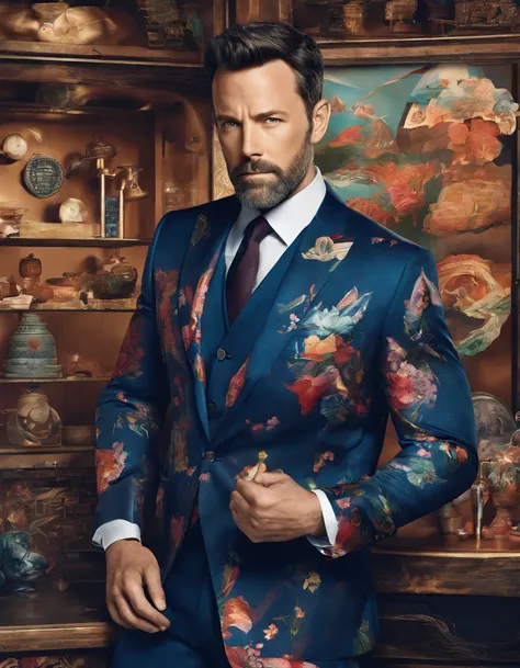 A Photograph capturing a surrealist vision: ben affleck in navy kimono mix with western suit, amidst a swirling color palette, poses outside a tailor shop, posing with the fantasy dreamlike surroundings. --ar 16:9