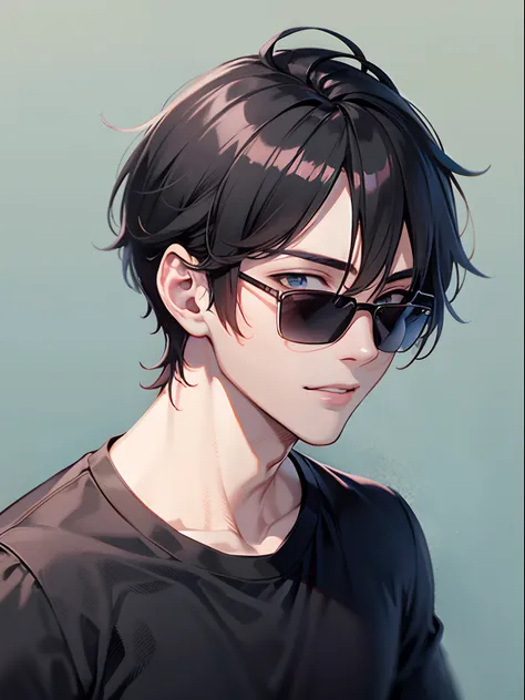 a handsome anime boy with black shirt and white t shirt and black sunglass