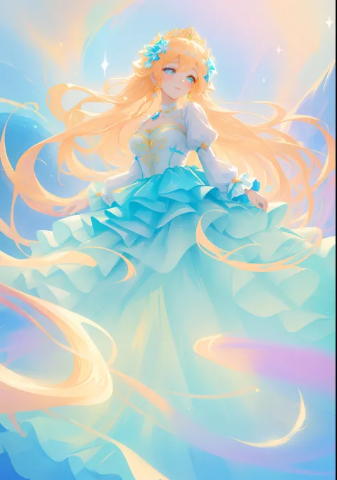 beautiful girl, puffy tiered ballgown with puffy long sleeves, vibrant pastel colors, (colorful), glowing golden long hair, magical lights, sparkling magical liquid, inspired by Glen Keane, inspired by Lois van Baarle, disney art style, by Lois van Baarle,...