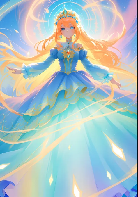 beautiful girl, puffy tiered ballgown with puffy long sleeves, vibrant pastel colors, (colorful), glowing golden long hair, magical lights, sparkling magical liquid, inspired by Glen Keane, inspired by Lois van Baarle, disney art style, by Lois van Baarle,...