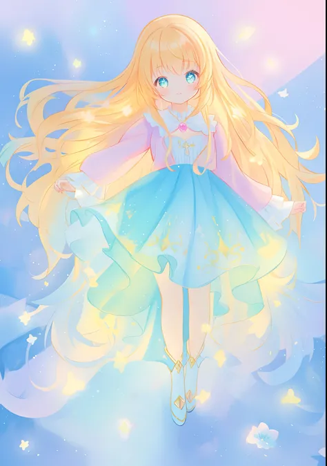 beautiful girl, puffy tiered ballgown with puffy long sleeves, vibrant pastel colors, (colorful), glowing golden long hair, magical lights, sparkling magical liquid, inspired by Glen Keane, inspired by Lois van Baarle, disney art style, by Lois van Baarle,...