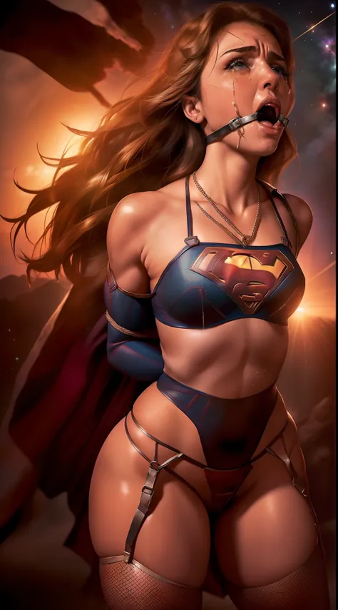 ((supergirl is climbing a comet in outer space)), (supergirl is wearing high jump stiletto) ((supergirl is wearing a head harnes...