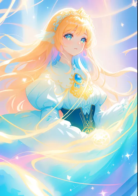 beautiful girl, puffy tiered ballgown with puffy long sleeves, vibrant pastel colors, (colorful), glowing golden long hair, magical lights, sparkling magical liquid, inspired by Glen Keane, inspired by Lois van Baarle, disney art style, by Lois van Baarle,...