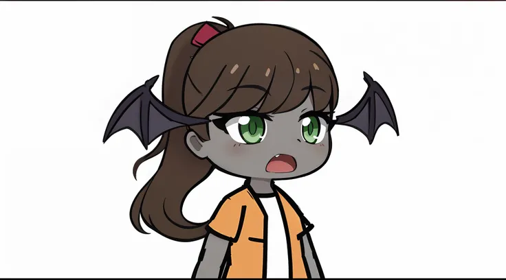 A  girl, grey skin, green colored eyes, Brown hair, Hair pulled back in a ponytail, Wings of a bat from the head, opened mouth