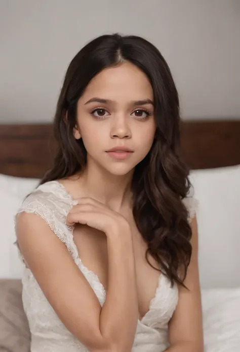 Jenna Ortega, beautiful, naked, big boobs, (Jenna Ortega face), sitting on edge of bed, portrait, 4k, aheago face, holding breasts in hands