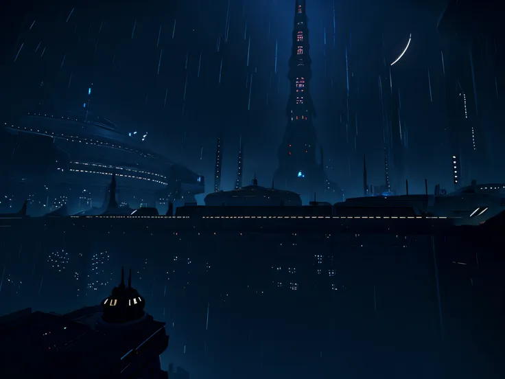 the jedi temple on coruscant on a dark rainy night