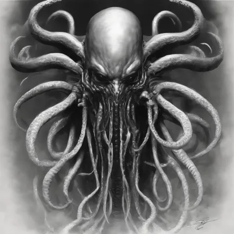 vecna, highres, 1boy,  bald, black_border,  eldritch_abomination, graphite_(medium), greyscale, looking_at_viewer, monochrome, devil_diabolic, horror_body cinematic portrait, (monster:1), (no_nose), terror_scifi, japanese horror style, solo, (tentacles), (...